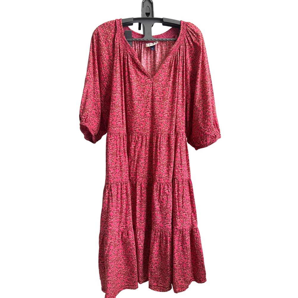 Universal Thread Pink Floral Leopard Tiered Midi Dress XL 3/4 Balloon Sleeve